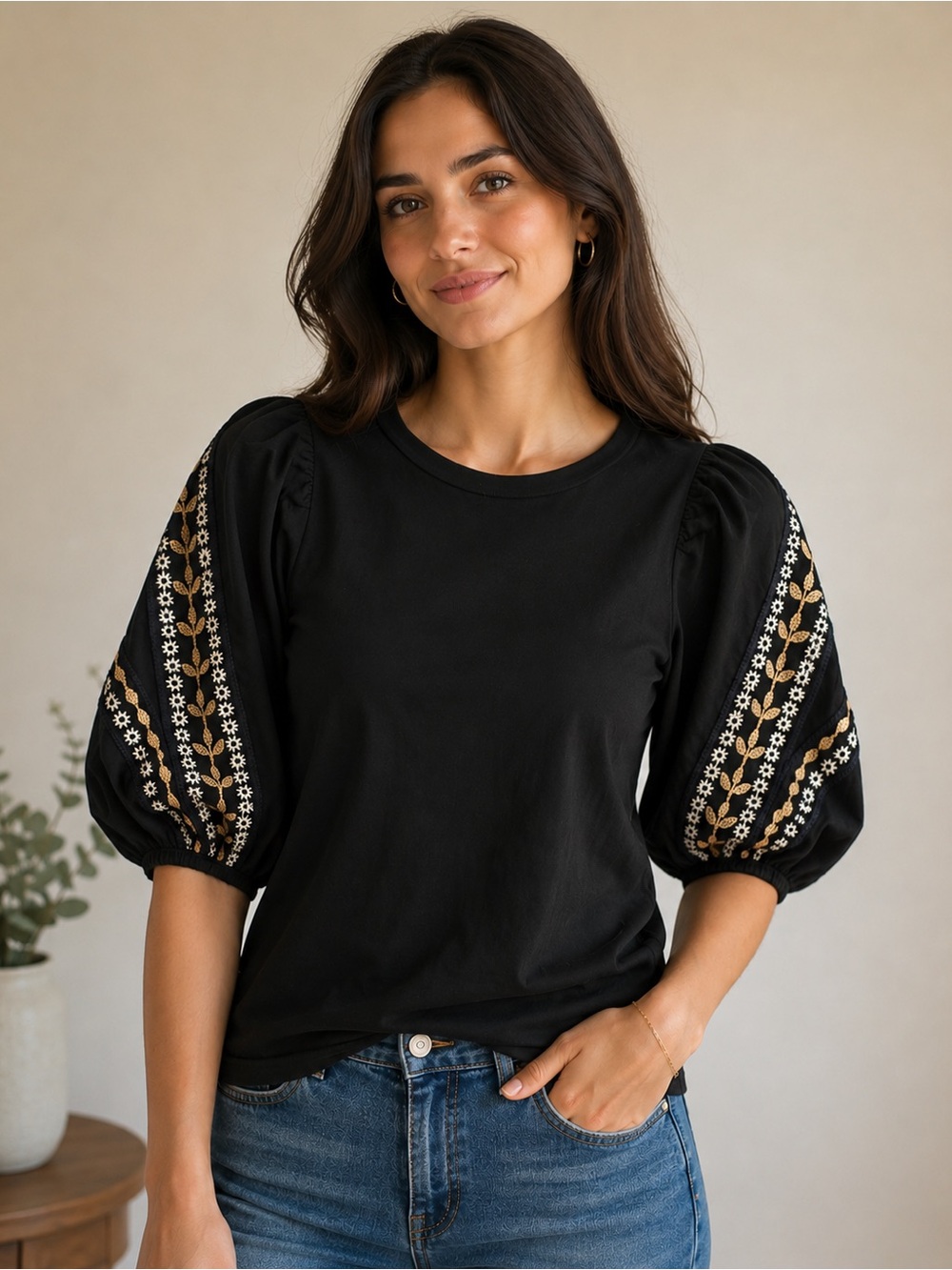 Banana Republic Black Puff-Sleeve Crewneck Top XXS Petite